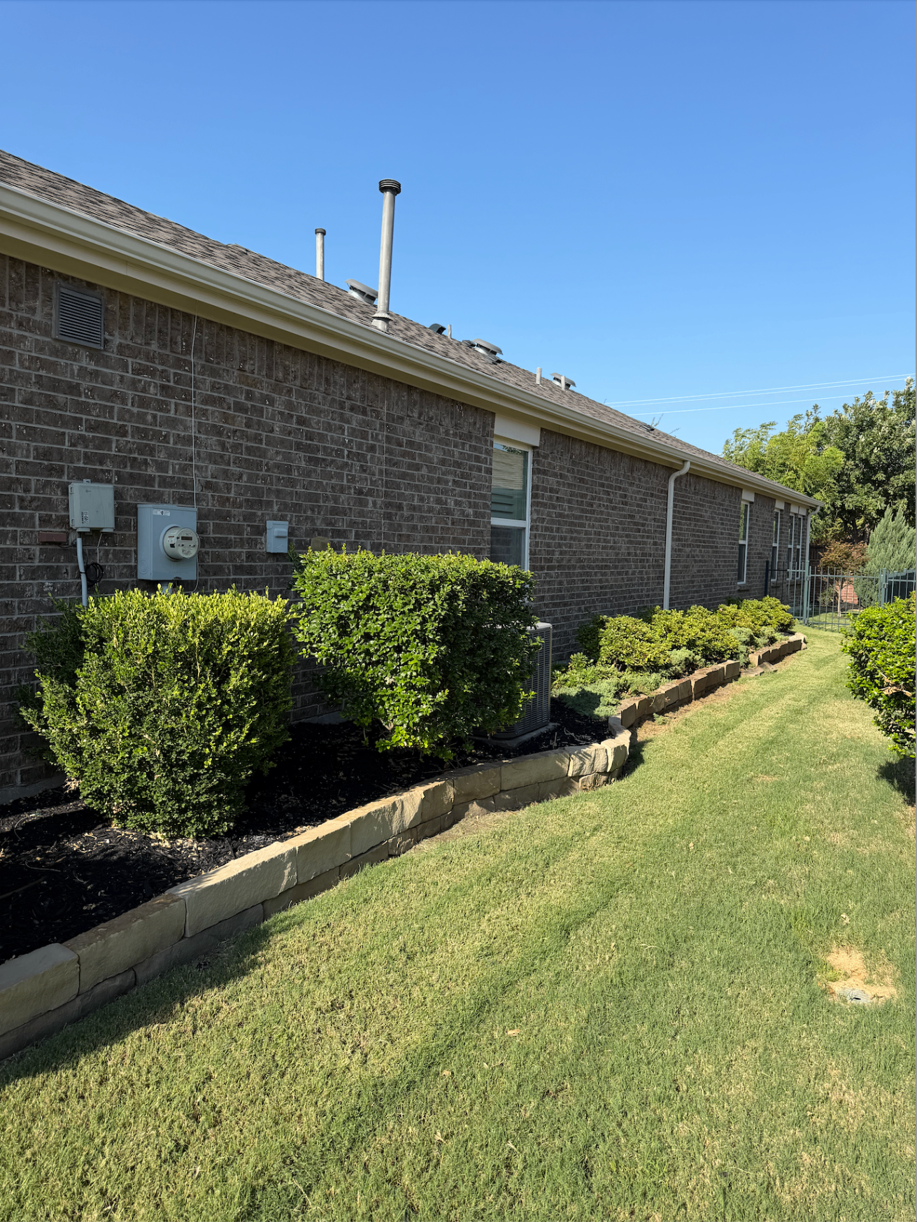Side yard stone border and shrub beds — before